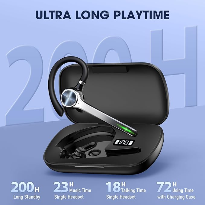 Bluetooth Headset, Wireless Earpiece with Upgrade Noise Canceling Mic,500mAh Charging Case Support 72H Talking Time,Hand-Free Headphones with Mute Button for Computer Cell Phones Trucker Work