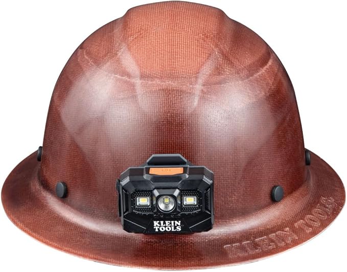 Klein Tools 60447 Hard Hat, Full Brim Class G KONSTRUCT Series Hard Hat with Rechargeable Headlamp, Sweat-Wicking Sweatband, Top Pad, Brown