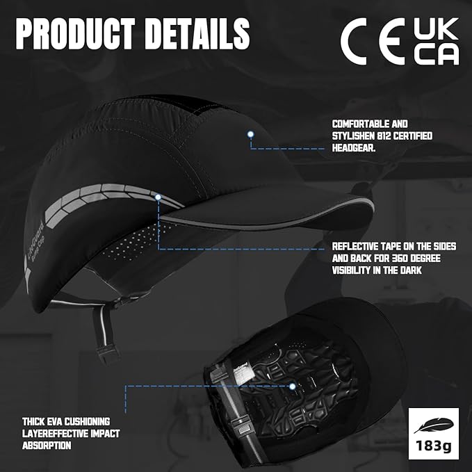 Lightweight Bump Cap with Reflective Stripes, Breathable Baseball Cap Style, Head Protection Hard Hat for Men Women