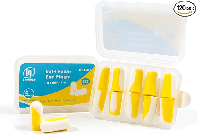 LYSIAN Ultra Soft Foam Earplugs Sleep 5 Pairs, 38dB Noise Reduction Ear Plugs for Sleeping, Snoring,Travel and Gun Shooting Range (Yellow/White)