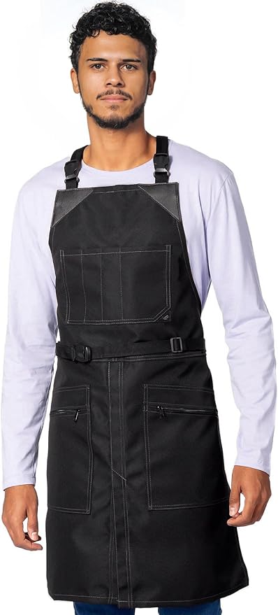 Under NY Sky Cross-Back Barber Black Apron – Heavy-Duty Nylon, Water and Chemical Resistant, Zipped Pockets, No-Tie, Split-Leg – Adjustable for Men, Women – Pro Hair Stylist, Salon, Colorist, Artist