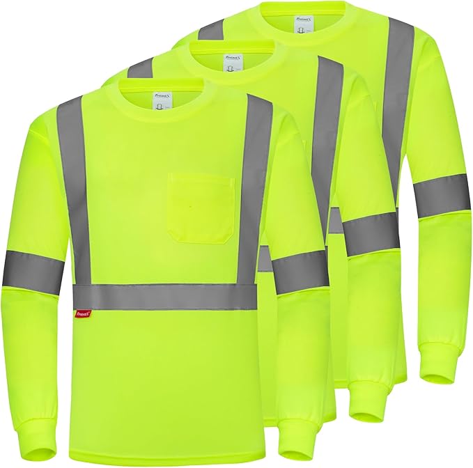 ProtectX Men's High Visibility Heavy Duty Long Sleeve Reflective Safety T-Shirts for Construction, Class 2-3 Type R
