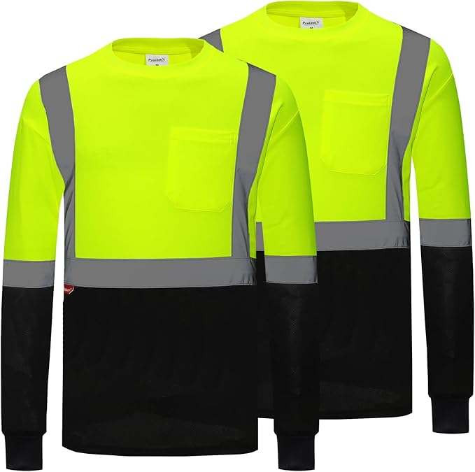 ProtectX High Visibility Shirts Hi Vis Long Sleeve Shirts for Men Women Reflective Class 2 Safety Shirts 2 Pack
