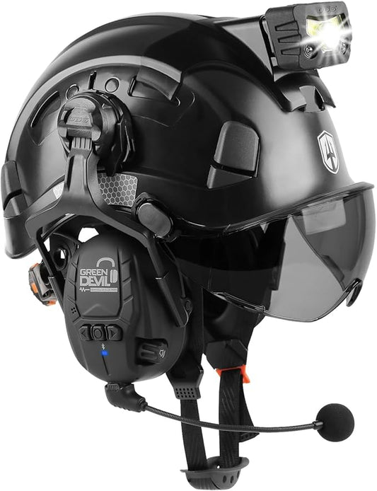 GREEN DEVIL Hard Hat Safety Helmet with Visor Bluetooth Ear Muffs and Headlamp 5 in 1 Full Protection Vented Work Hardhat ANSI Z89.1 Cascos De Construccion for Industrial Construction Forestry