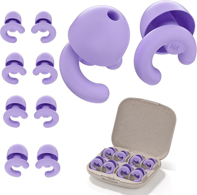 Ultra-Soft Noise Cancelling Ear Plugs, Reusable Silicone for Sleep Concerts Travel Office,33dB (NRR),Ergonomic Integrated Design Fit for Small Ear Canals Noise Sensitivity (Purple, 4 Pairs)