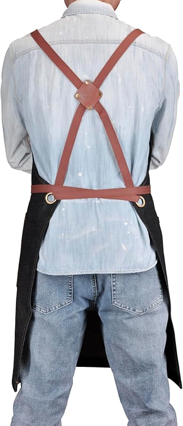 Professional Black Denim Apron with Pockets for Cooking Chef Kitchen Grill BBQ Hairstylist Painting, Mens Womens Apron with Leather Cross Back Straps