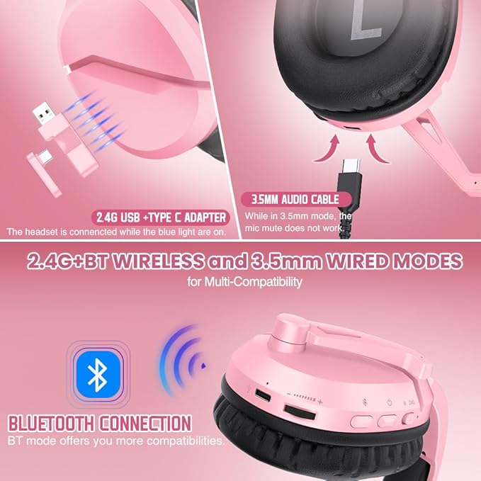 Wireless Gaming Headset with Noise Canceling Microphone for PS5, PC, PS4, 2.4G/Bluetooth Gaming Headphones with USB and Type-c Connector, Wired Mode for Controller - Pink