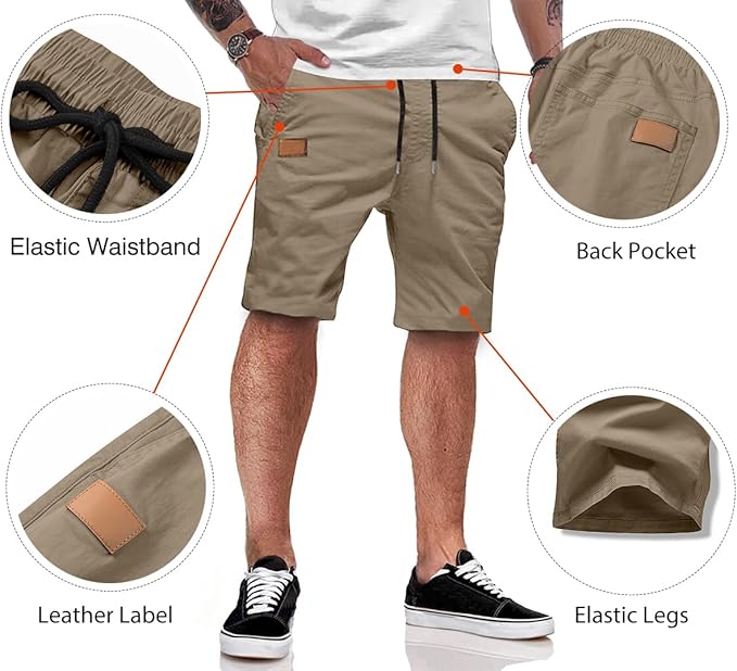 JMIERR Mens Casual Shorts - Cotton Drawstring Summer Beach Stretch Twill Chino Golf Shorts