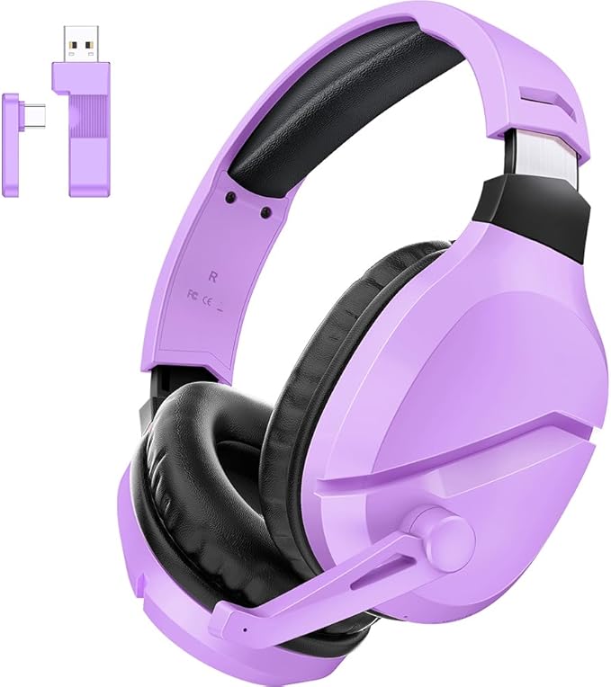 Wireless Gaming Headset with Noise Canceling Microphone for PS5, PC, PS4, 2.4G/Bluetooth Gaming Headphones with USB and Type-c Connector, Wired Mode for Controller (Purple)
