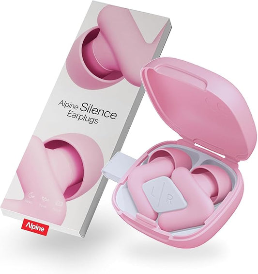 Alpine Silence Earplugs for Sleep, Focus & Travel - V-Shape Snug Fit & Soft Oval Tips – 4 Sizes XS/S/M/L - Comfortable, Reusable Hearing Protection - 22dB – Pink