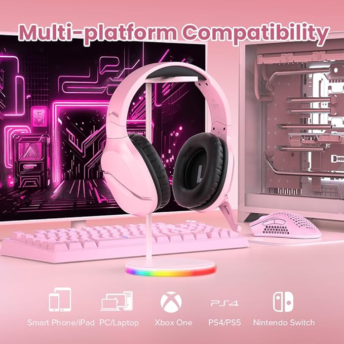 Wireless Gaming Headset with Noise Canceling Microphone for PS5, PC, PS4, 2.4G/Bluetooth Gaming Headphones with USB and Type-c Connector, Wired Mode for Controller - Pink