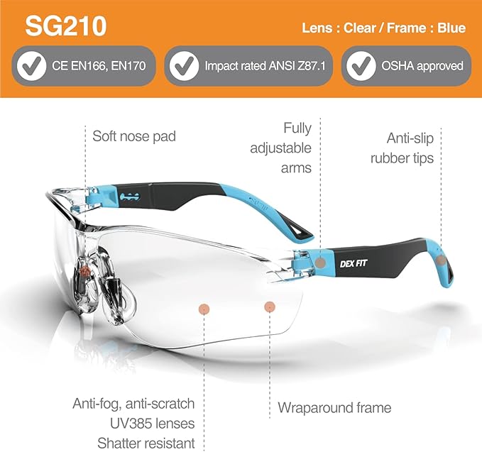 DEX FIT Safety Glasses SG210; 6 Pairs, Z87, Anti-Fog & Scratch Resistant, Adjustable for Women and Men, UV Protection (Black & Blue Frame, Clear Lens)