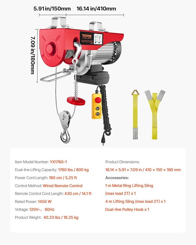 VEVOR Electric Hoist 1760lbs with 14ft Wired Remote Control, Electric Hoist 110 Volt with 40ft Single Cable Lifting Height & Pure Copper Motor, for Garage Warehouse Factory