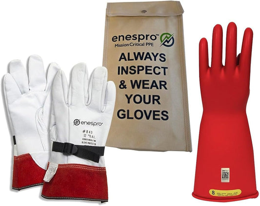 Enespro Class 2 Red Rubber Voltage Insulating Glove Kit with Leather Protectors, Max. Use Voltage 17,000V AC/ 25,500V DC (KITGC2R08)