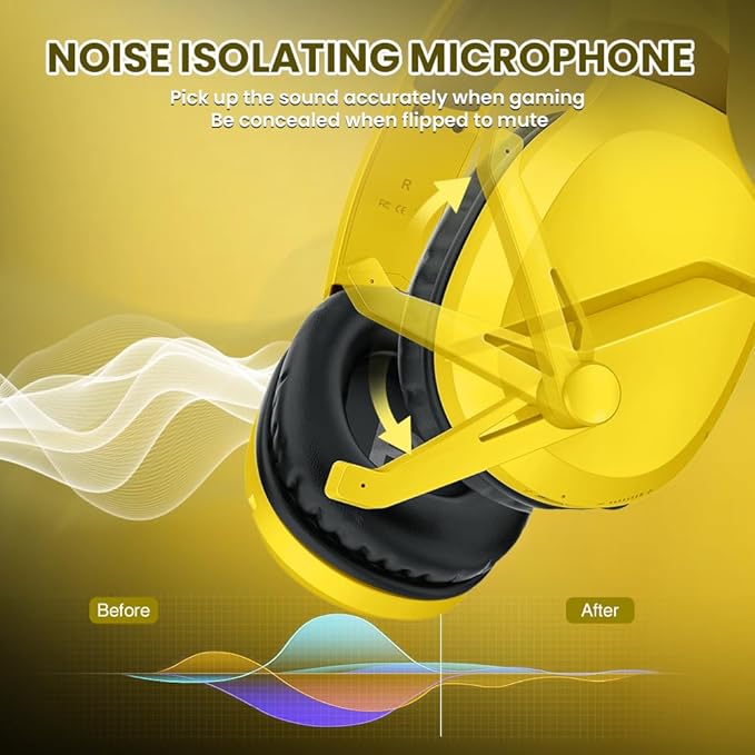 Wireless Gaming Headset with Noise Canceling Microphone for PS5, PC, PS4, 2.4G/Bluetooth Gaming Headphones with USB and Type-c Connector, Wired Mode for Controller - Yellow