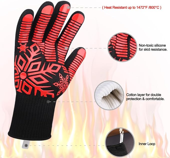 Comsmart BBQ Gloves, Heat Resistant Gloves, Silicone Non-Slip Grill Gloves, Fireproof Oven Gloves BBQ Grill Accessories for Grilling, Barbecue, Cooking, Baking, Short, Red