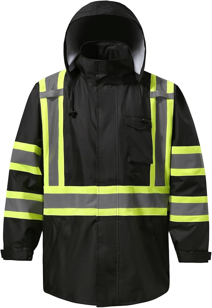 Reflective Rain jackets for men waterproof,Hi Vis Safety Coat With Reflective Strips，High Visibility Class 3 Rain jackets With 2 large pockets，Zipper,Black ，LG/XL