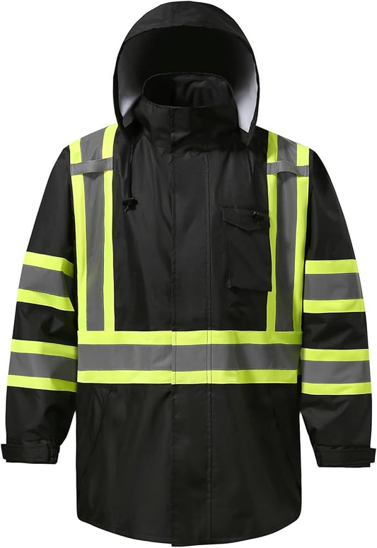 Reflective Rain jackets for men waterproof,Hi Vis Safety Coat With Reflective Strips，High Visibility Class 3 Rain jackets With 2 large pockets，Zipper,Black，2XL/3XL