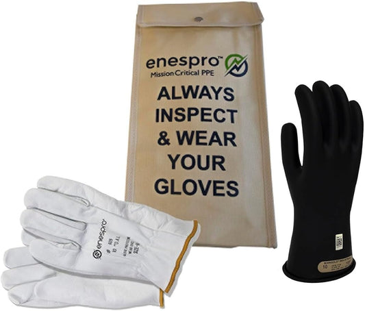 Enespro Class 00 Black Rubber Voltage Insulating Glove Kit with Leather Protectors, Max. Use Voltage 500V AC/ 750V DC (KITGC00B09)