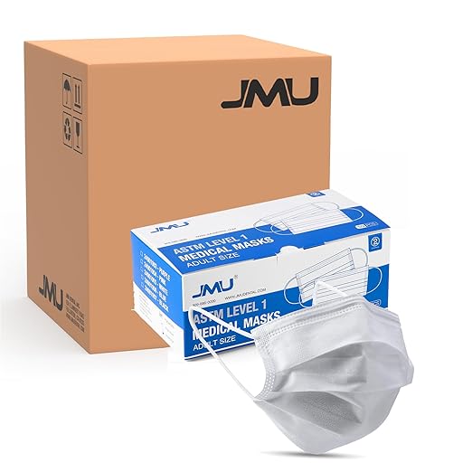 JMU 2000pcs Disposable Face Masks White, 3-ply Protection Medical Masks, ASTM Level 1(40 Boxes of 50pcs)