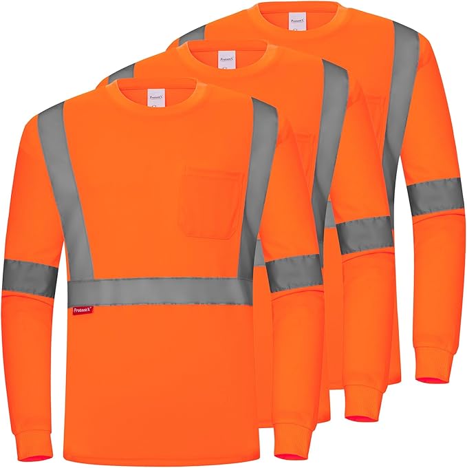 ProtectX Men's High Visibility Heavy Duty Long Sleeve Reflective Safety T-Shirts for Construction, Class 2-3 Type R