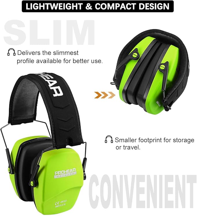 PROHEAR 016 Ear Protection Safety Earmuffs for Shooting, NRR 26dB Hearing Protector with Low-Profile Earcups, Compact Foldable Ear Defenders for Gun Range, Hunting (Fruit Green)