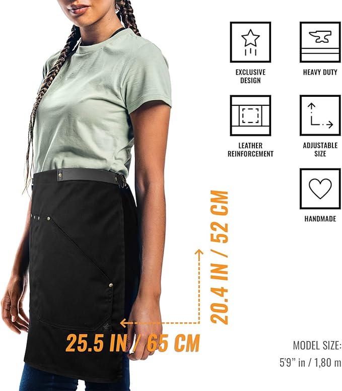 Under NY Sky Half Barista Apron - Black Leather Strap - Riveted Pockets - Double Stiched - Leather Loop - Professional Twill - Bistro, Restaurant, Waiter, Bartender, Server - Black Half Waist Apron