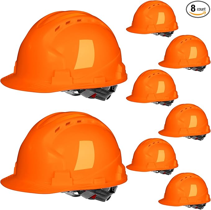 Leumoi 8 Pieces 4 Pt. Suspension Hard Hat Bulk Safety Helmets Adjustable Ratchet Hard Hats with Vents and Cotton Brow Pad ABS Construction Hardhats for Men Work Head Protection Supplies