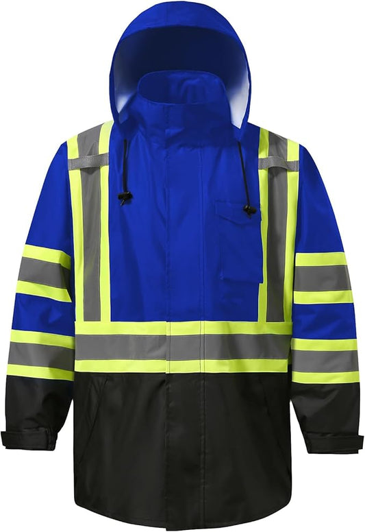 Reflective Rain jackets for men waterproof,Hi Vis Safety Coat With Reflective Strips，High Visibility Class 3 Rain jackets With 2 large pockets，Zipper,Blue,2XL/3XL