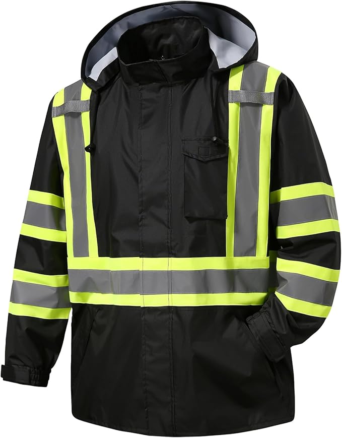 Reflective Rain jackets for men waterproof,Hi Vis Safety Coat With Reflective Strips，High Visibility Class 3 Rain jackets With 2 large pockets，Zipper,Black ，LG/XL