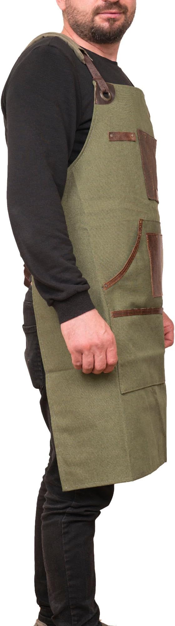 Cross Back Canvas Aprons With Pockets |Adjustable Leather Strap|Work Apron|Chef Apron|Woodworking, Grilling