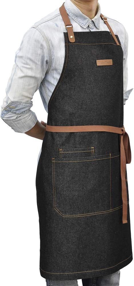 Denim Kitchen Apron with Pockets, Mens Womens Professional Chef Bib Apron for Cooking Grill BBQ Server