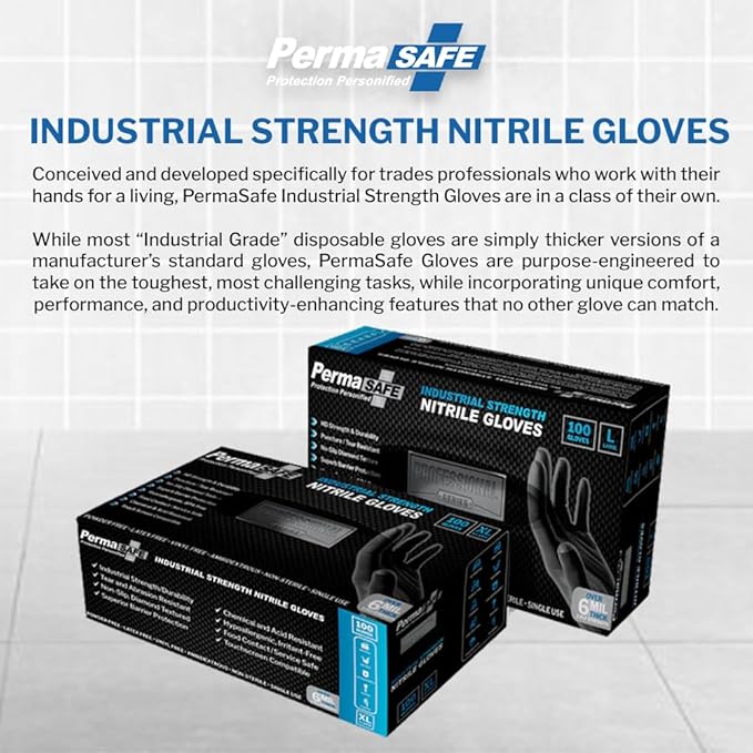 PermaSafe HD Black Disposable Nitrile Industrial Gloves, 6+ Mil, Latex-Free, Raised Textured, Mechanics, Medical, Food, More