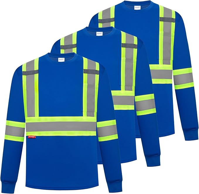 ProtectX Men's High Visibility Heavy Duty Long Sleeve Reflective Safety T-Shirts for Construction, Class 2-3 Type R
