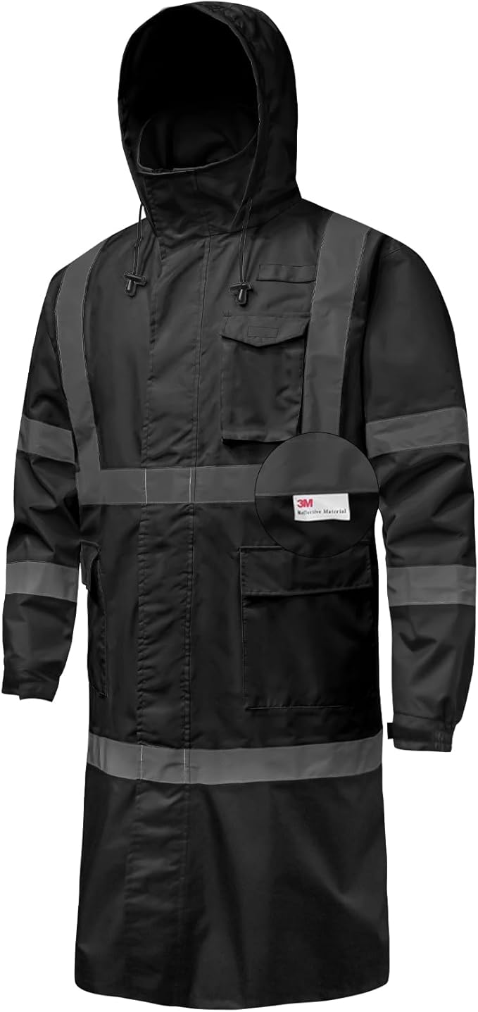 Hi Vis Rain Jacket with 3M Reflective Stripe,High Visibility Class 3 Rain coats,Safety Waterproof Rain Suits for Men with Hood and 2 Large Pockets construction work rain gear(Black S)