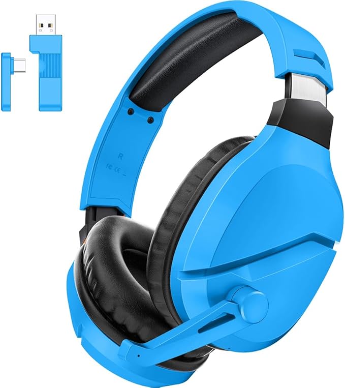 Wireless Gaming Headset with Noise Canceling Microphone for PS5, PC, PS4, 2.4G/Bluetooth Gaming Headphones with USB and Type-c Connector, Wired Mode for Controller - Blue