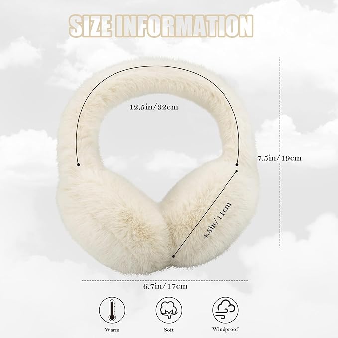 Winter Ear Muffs for Women Girls Faux Fur Cute White Earmuffs Fluffy Ear Warmers Foldable Ear Covers Outdoor