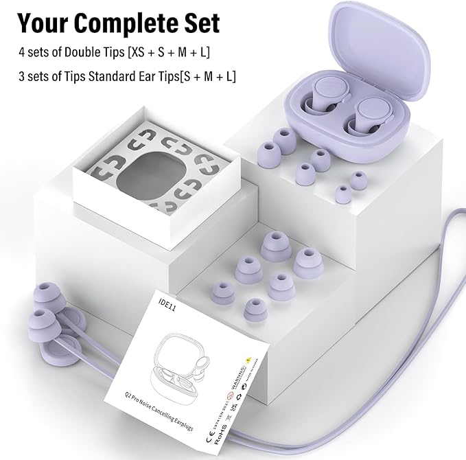 Ear Plugs for Sleeping Noise Cancelling - 35dB Reusable Ear Plugs with 7 Eartips and Carry Case - Flexible Hearing Protection - Replaceable Single/Double Eartips for Sleep, Focus, Travel, Work, Purple
