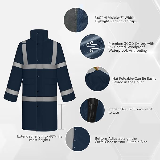 TCCFCCT Rain Coats for Men Hi Vis Rain Jacket Men with Hood, Heavy Duty Rain Suits for Men Waterproof, Long Safety Rain Gear for Men Women for Hiking Camping Outdoor Activities, M Navy Blue