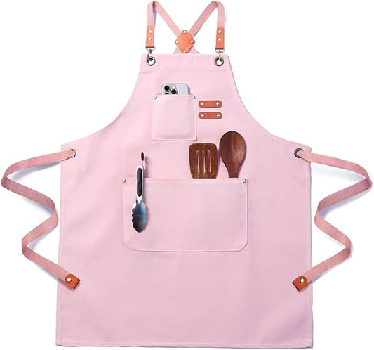 Chef Apron for Men Women with Pockets,Cross Back Cotton Canvas Plus Size Apron for Cooking BBQ Baking Gardening