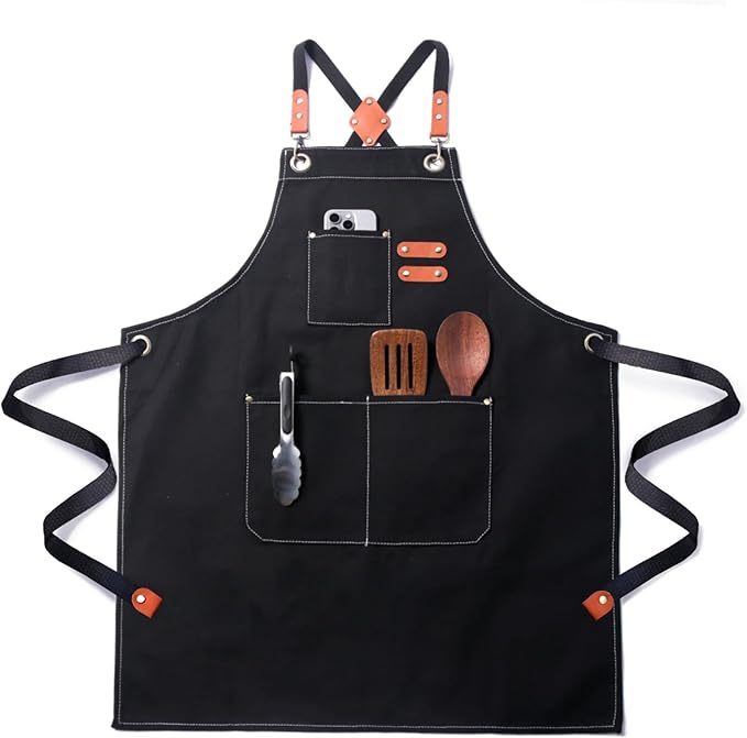 Chef Apron for Men Women with Pockets,Cross Back Cotton Canvas Plus Size Apron for Cooking BBQ Baking Gardening