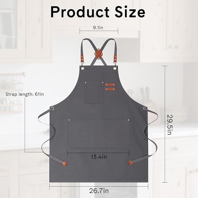 Chef Aprons for Women Men with Large Pockets, Polyester cotton hick canvas Waterproof Work Aprons,Adjustable Straps