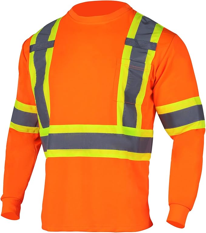 VENDACE Men's High Vis Safety Work T Shirt ANSI Class 3 Reflective Long Sleeve Shirt with Pocket(Orange,L)