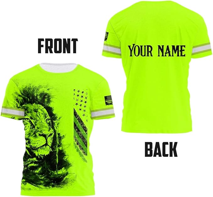 Matedecor Skull High Visibility Shirt Men Reflective Safety Shirts US Flag Custom Name Workwear, Runners, Walkers, Patriotic