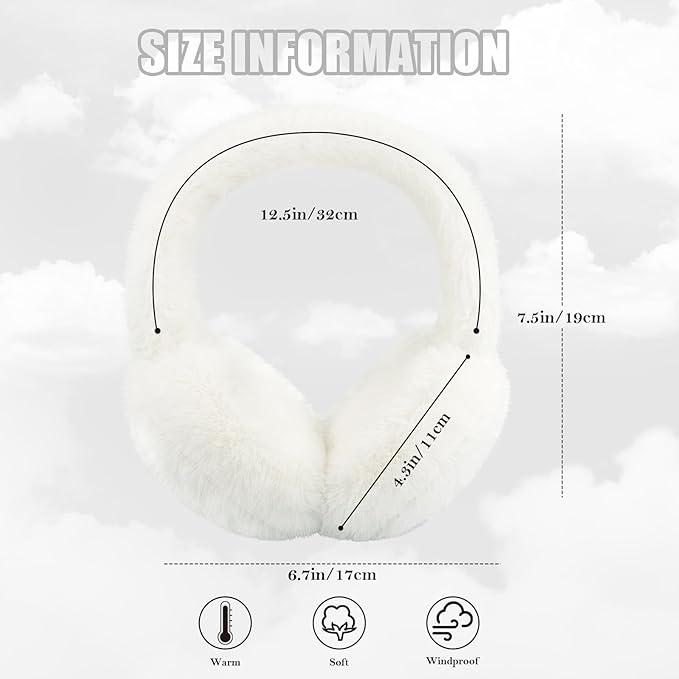 Winter Ear Muffs for Women Girls Faux Fur Cute White Earmuffs Fluffy Ear Warmers Foldable Ear Covers Outdoor