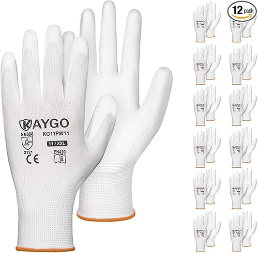 KAYGO Safety Work Gloves PU Coated-12 Pairs, KG11PB, Seamless Knit Glove with Polyurethane Coated Smooth Grip on Palm & Fingers, for Men and Women, Ideal for General Duty Work (XX-Large, White)