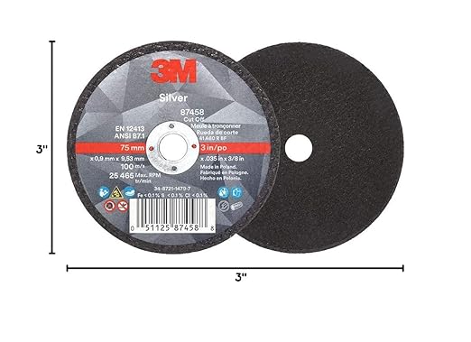 3M Silver Cut-Off Wheel, 87458, T1, 3 in x .035 in x 3/8 in, Pack of 25, Precision Shaped Grain, Pipe Cutting, Stainless and Mild Steel, Metal Fabrication, Metalworking