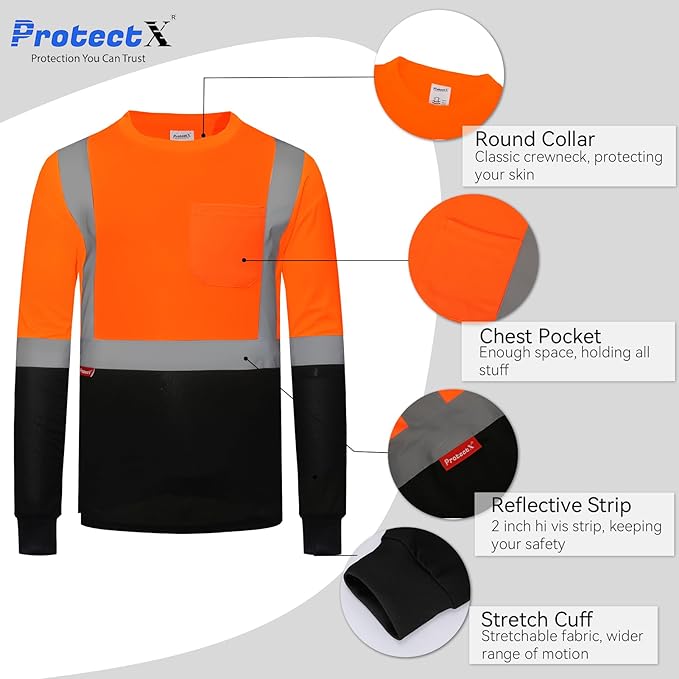ProtectX High Visibility Long Sleeve Shirts Reflective Hi Vis Safety Shirt for Men Women Class 2-3 Construction Shirt 1 Pack