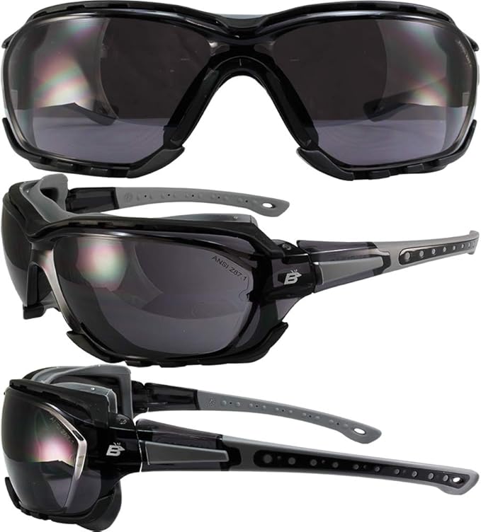 Birdz Eyewear Gasket Safety Padded Motorcycle Sport Sunglasses Grey with Clear Lens