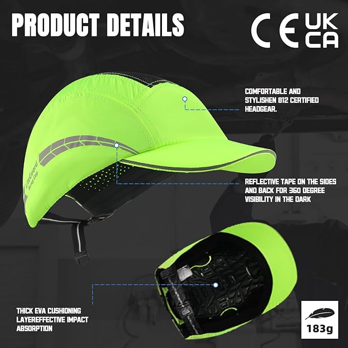 Lightweight Bump Cap with Reflective Stripes, Breathable Baseball Cap Style, Head Protection Hard Hat for Men Women